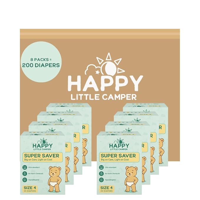 Happy Little Camper Super Saver Diapers, Size 4, 200 Count | Budget-Friendly Disposable Diapers for Sensitive Skin | Hypoallergenic, Fragrance-Free, Ultra Absorbent