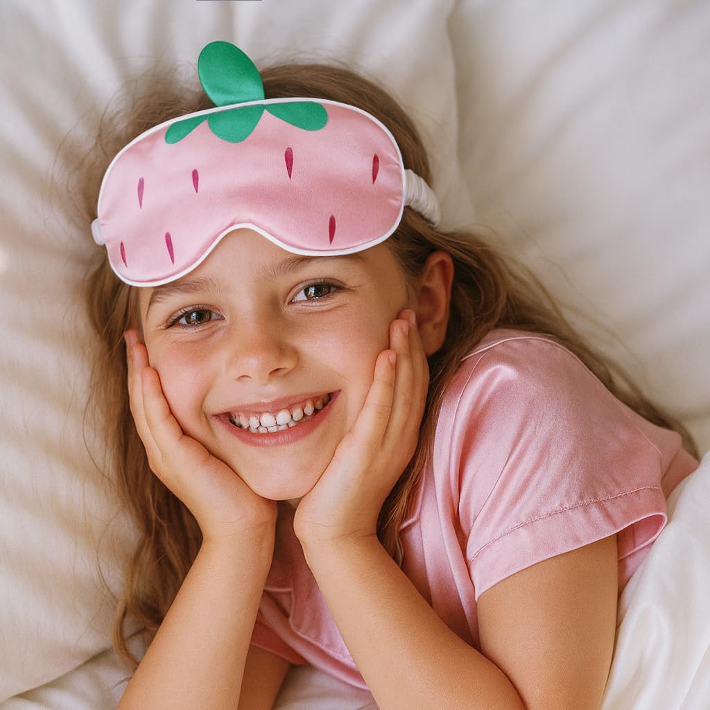 Orose Kids Silk Sleep Mask Cute Original Design for Boys & Girls, Double-Sided Mulberry Silk, Cartoon Pattern, Toddler Eye Mask, Children's Festival Christmas Gifts (Strawberry)