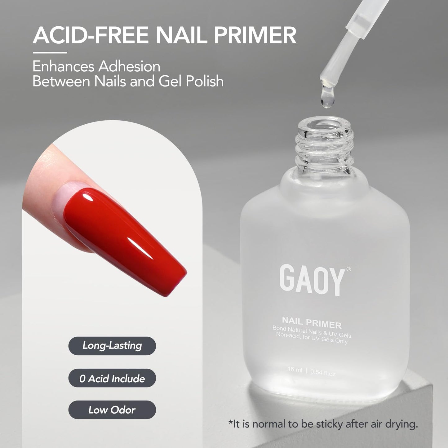 GAOY Nail Primer, 16ml Acid-Free Natural Nail Prep Bond Primer, Air Dry for Acrylic and Gel Polish