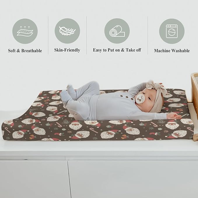 Retro Christmas Santa Claus Baby Changing Pad Covers for Boy Girl Cute Santa Candy Stockings Fir Fitted Changing Table Cover Mats Winter Holiday Festive Soft Diaper Change Table Cover Sheets 32''×16''