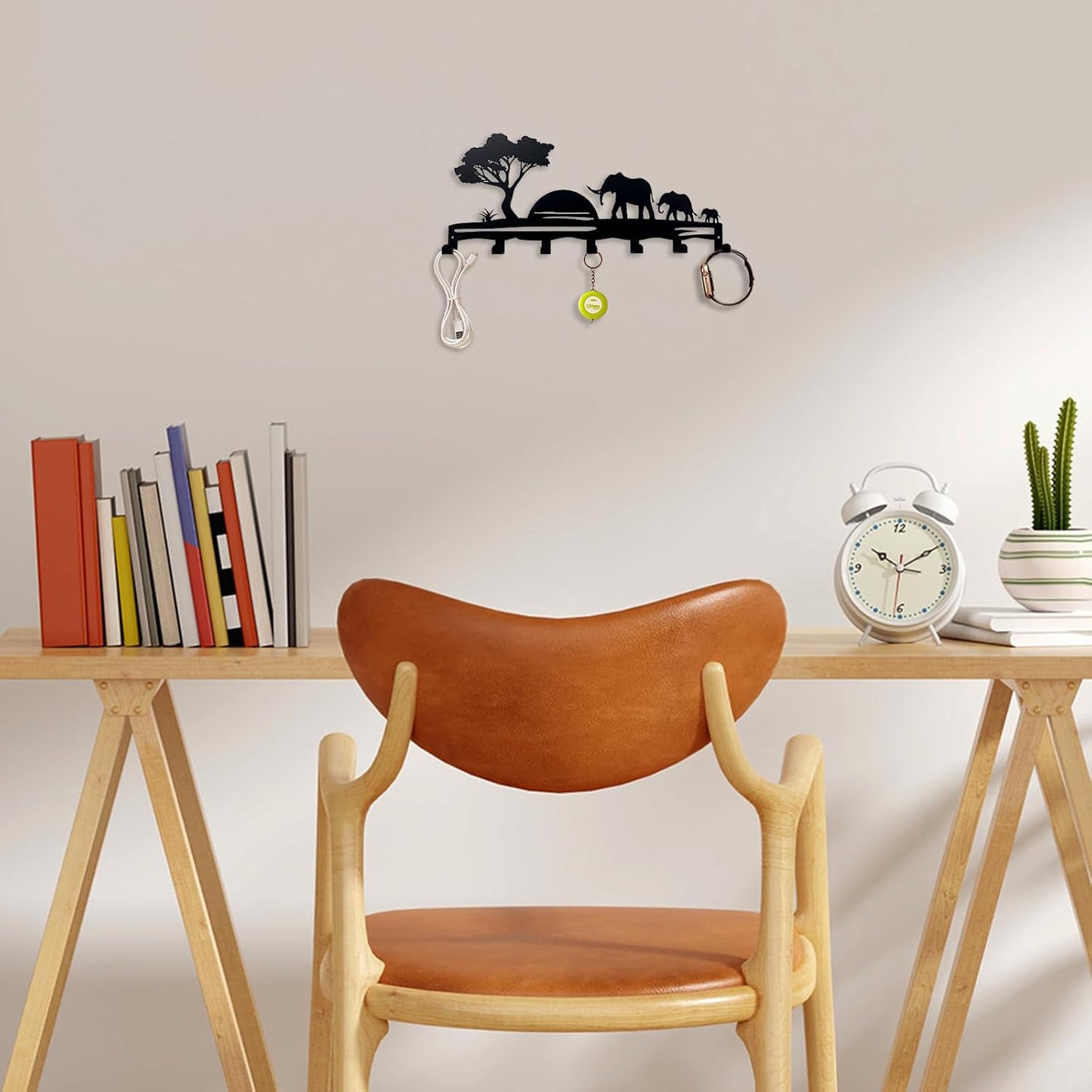 Elephant Family Metal Key Hook Rack - African Savannah Sunset Wall Decor - Practical and Artistic Key Organizer, Hallway, Kitchen, Office