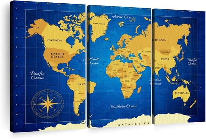 ElephantStock Yellow Longitude World Map Multi Piece Canvas - 3 Panel Wall Decor - Map of the World Art - Canvas for the Office and Home - 45" X 28"