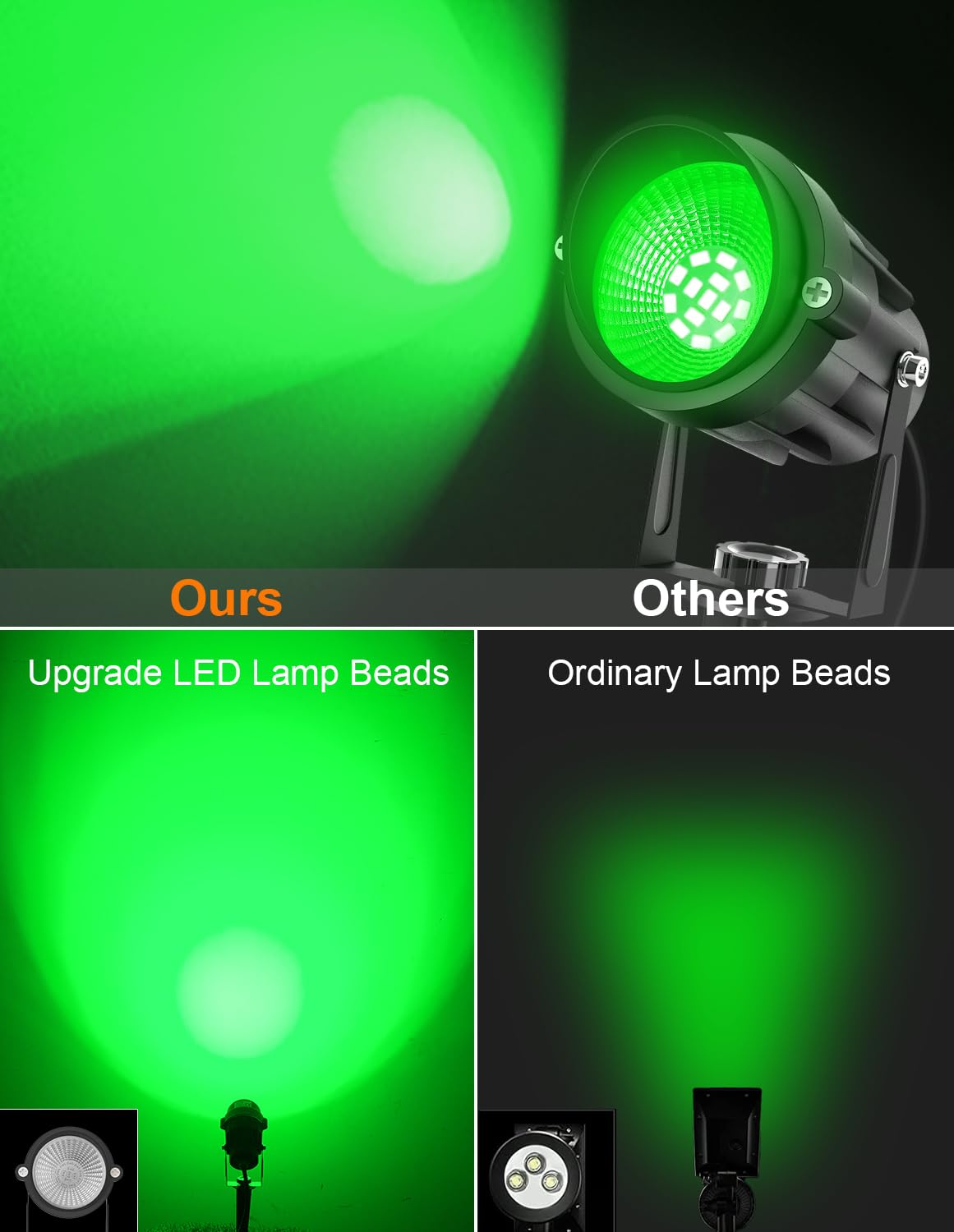 CREPOW Christmas Green LED Spot Lights Outdoor, 14 LED Landscape Lighting with US Plug, IP65 Waterproof Spotlights for Tree Yard Garden Pathway Halloween St. Patrick's Day Flag Decor 2 Pack