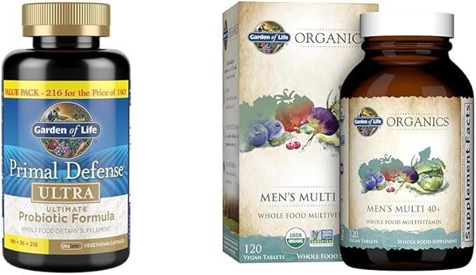 Garden of Life Probiotics & Organic Multivitamins for Men's Digestion, Immunity & Over 40 Health - 216 Capsules & 120 Tablets