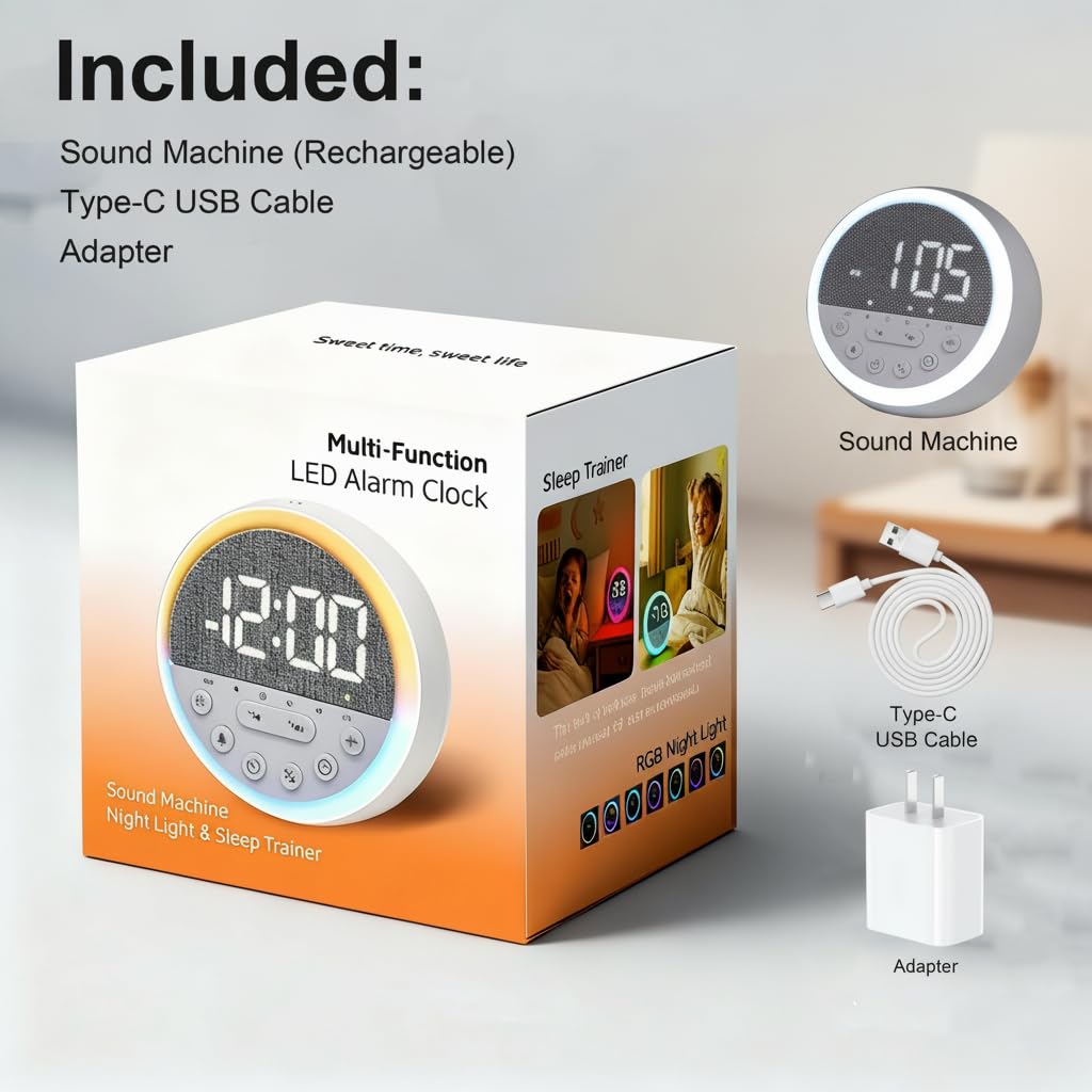 Sunrise Alarm Clock and Sound Machine Nightlight Adjustable Brightness, Rechargeable Wake Up Light Digital, Sleep Timer, Sleep Sounds, White Noise for Baby Kids Adults, Nature Soft Light for Bedroom