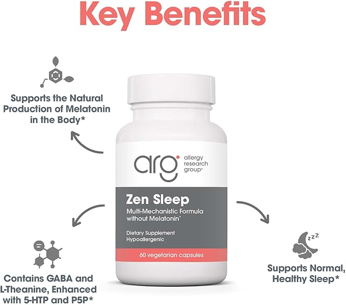 Allergy Research Group Zen Sleep Supplement - Supports Normal Healthy Sleep, P5P, 5-HTP, GABA, L-Theanine, Nervous System Balance, Hypoallergenic, Vegetarian Capsules - 60 Count