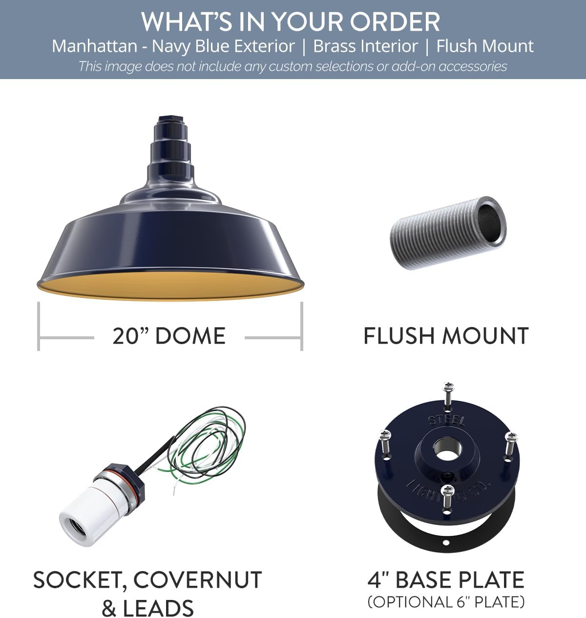 Steel Lighting Co. Manhattan Warehouse Light | Ceiling Mounted Pendant | 20 inch Dome | Flush Mount | Large Steel Barn Light Made in America | Navy Blue Exterior/Brass Interior