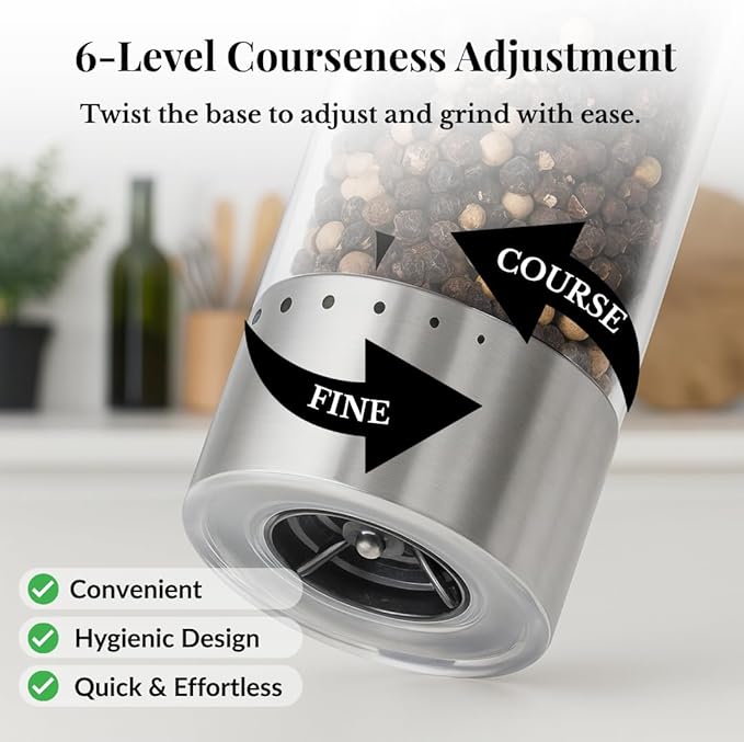 Electric Salt and Pepper Grinder Set - Automatic 3A Battery Pepper Mill Shakers - Upgraded Adjustable Coarseness with Led & Large Capacity - Built-in LED Light - 2 Pack