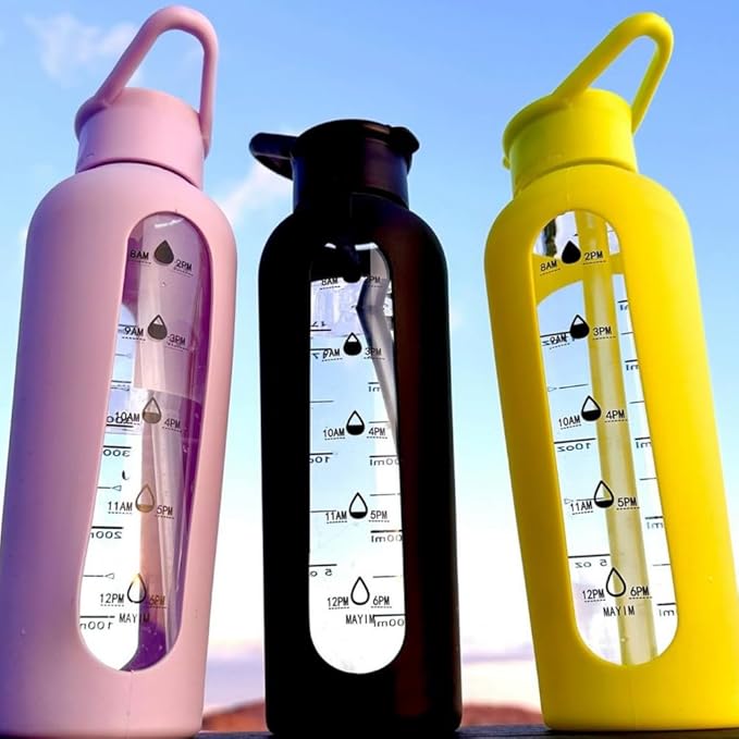 Mayim 24 Oz Glass Tumbler with Straw and Handle, Reusable Motivational Glass Water Bottle with Silicone Sleeve and Time Marker, Leak Proof Borosilicate Water Bottle -White