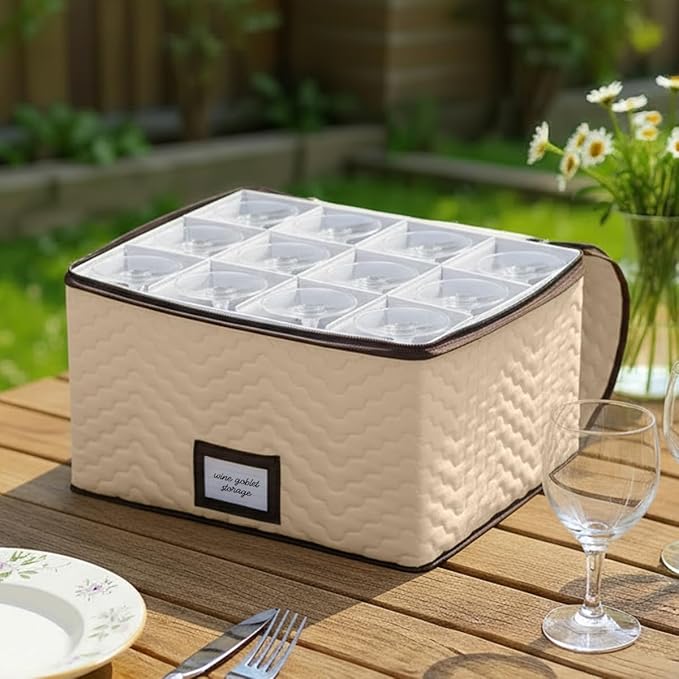 Wine Glass Storage Box with Dividers - Stemware Storage Case, Durable Quilted Microfiber Bin with Carry Handles, Protects Fine China - Durable Quilted Microfiber Bin with Carry Handles (2 Pack, Red & White Wine Glass)