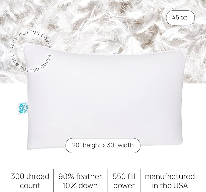 East Coast Bedding Pure Dream Firm Pillow - Queen Pillow Medium Support, Queen Size 20x30 Inch Goose Feather Down Pillows, 100% Cotton Shell, Set of 2