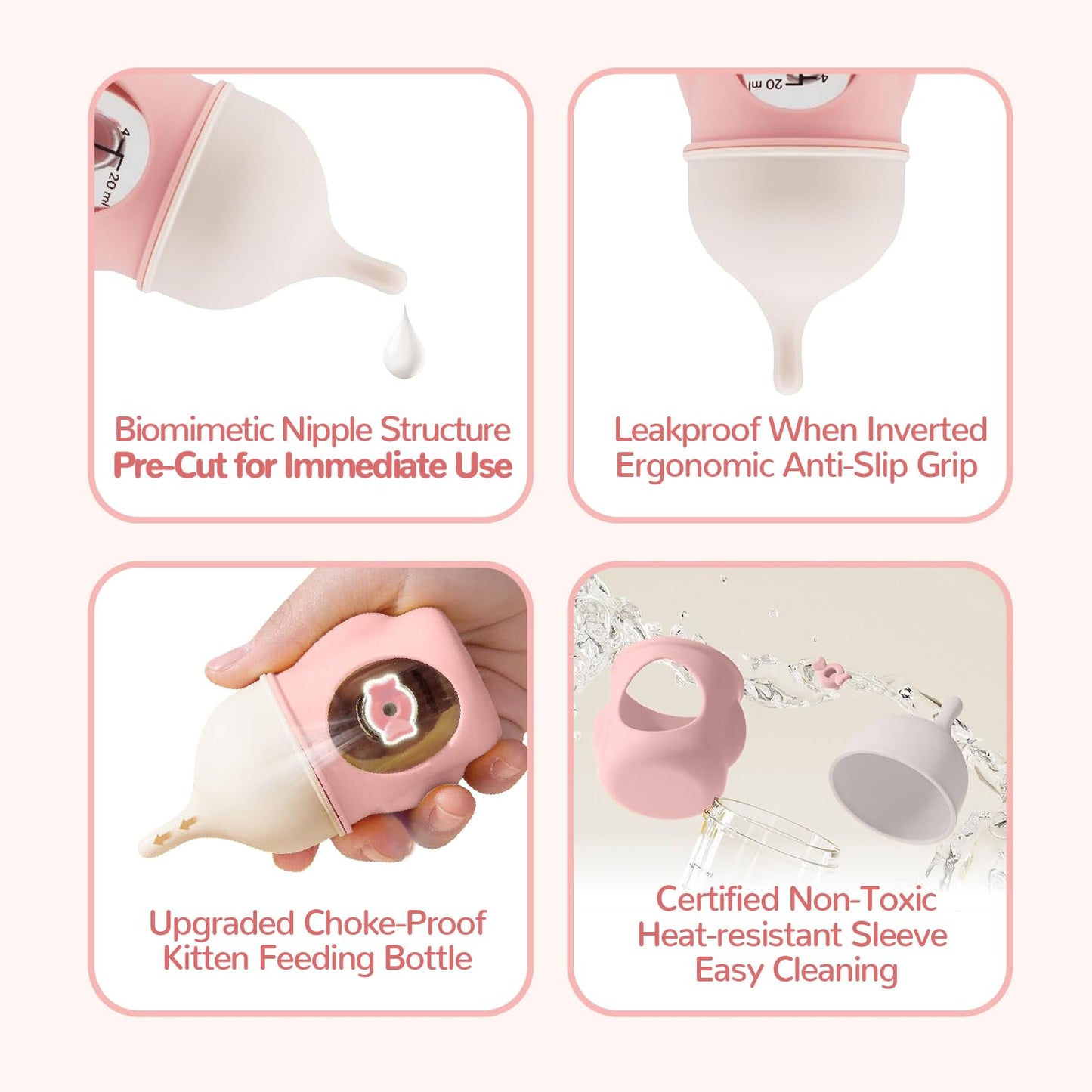 Rock Tech Ergonomic Pet Nursing Bottle,Puppy Bottles for Nursing Puppy Milk - 20ml Slow Flow Kitten Bottle Feeding kit for Newborn Kittens/Puppies/Small Animals, Easy-Clean Silicone Feeder (‌Pink‌)