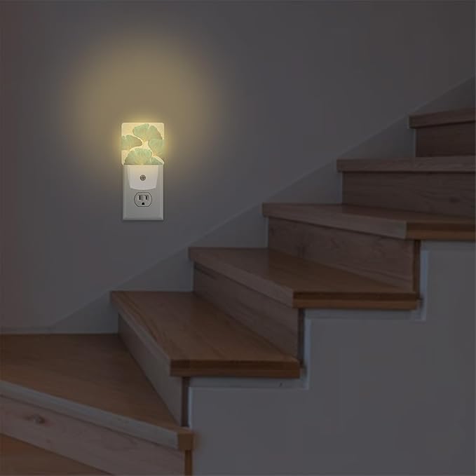 Ginkgo Leaves Green Plant Plug in Night Light with Auto Dusk to Dawn Sensor,Warm Night Lights for Boys Girls Bedroom Bathroom Hallway Kids Room Gifts