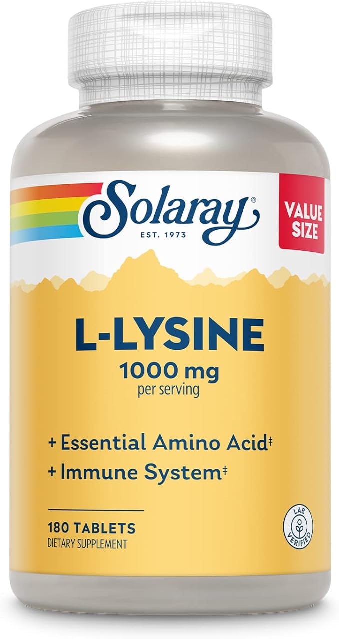 SOLARAY L-Lysine, Free-Form 1000 mg, Essential Amino Acid Immune Support Supplement with Vitamin C 1,000 mg and Zinc 25 mg, Value Size, Lab Verified, 60-Day Guarantee, 60 Servings, 180 Tablets