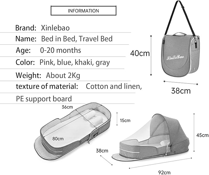 Folding Baby Travel Bassinet Portable Lightweight Travel Crib Baby Bed Co- Sleeper for Baby in Bed with Canopy and Mosquito Net (Gray, with Sunshade)