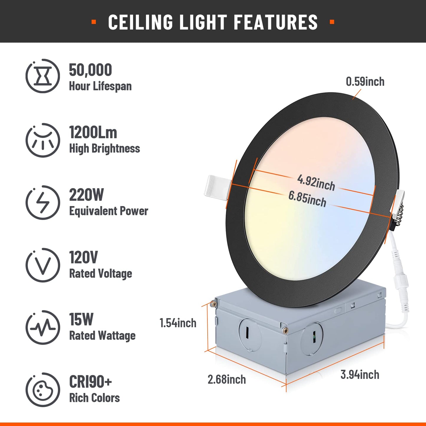 Powerasia 6 Inch Recessed Lighting - 6 Pack, Dimmable Led, 5Cct, Ultra Thin, Etl Certified, Black, 15W, Model 6