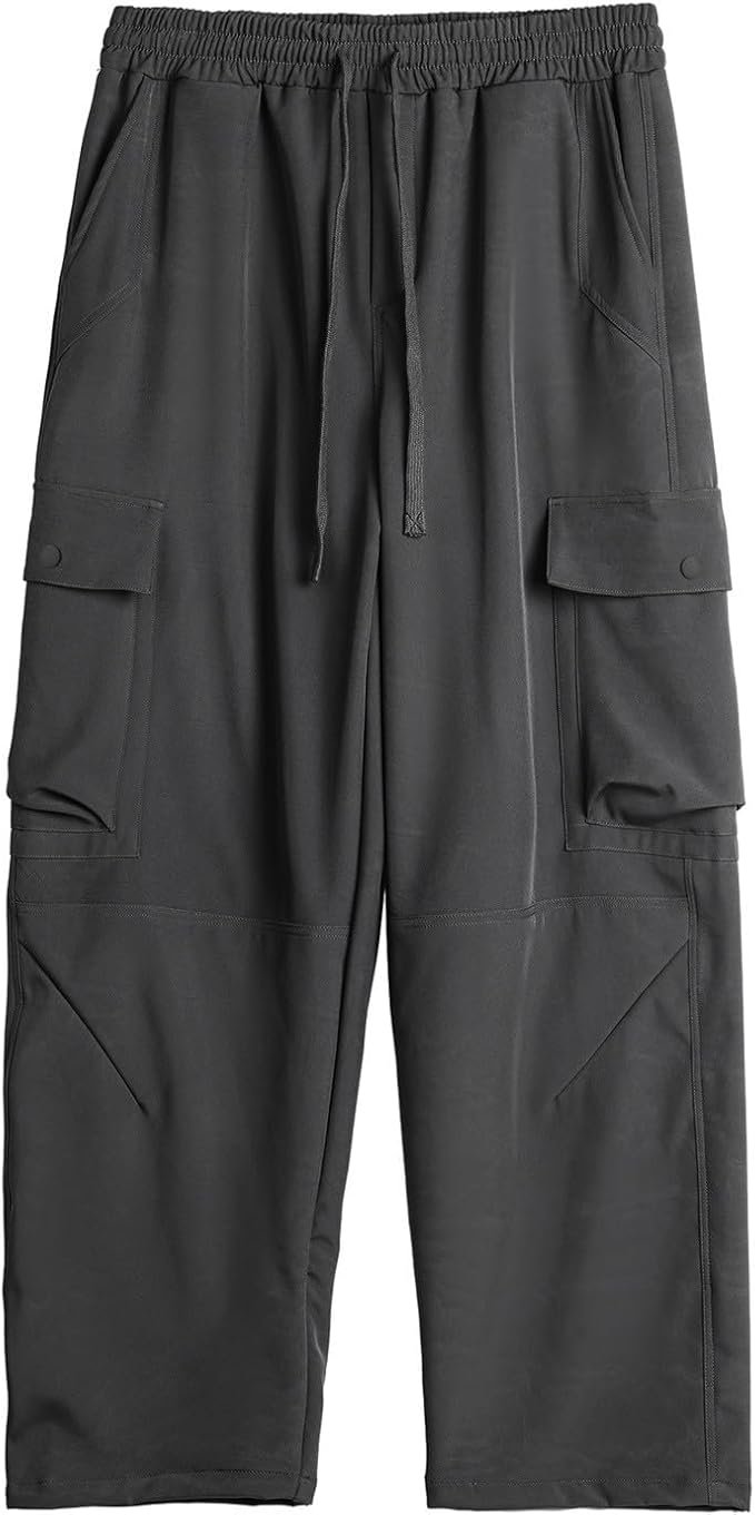 Wide Leg Cargo Pants for Men High Elastic Waist Casual Comfortable Pants Drawstring Lightweight Cotton Trousers with Pockets