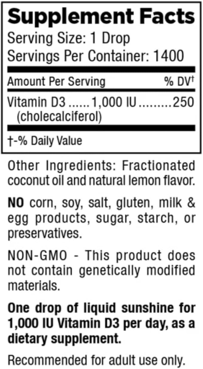 Mt. Angel Vitamins Everyday Liquid Sunshine - Liquid Vitamin D Drops - Easy-to-Use Vitamin D3 Drops with Natural Lemon Flavor (Non-GMO, Vegan, Soy-Free, Gluten-Free) Made in The USA -1400 serv/Bottle