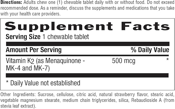 Country Life® Vegan K2-500 mcg, 60 Ct. Chewable Tablets. Strawberry Flavor - Certified Gluten Free - Certified Vegan by AVA – to Support Bone Health