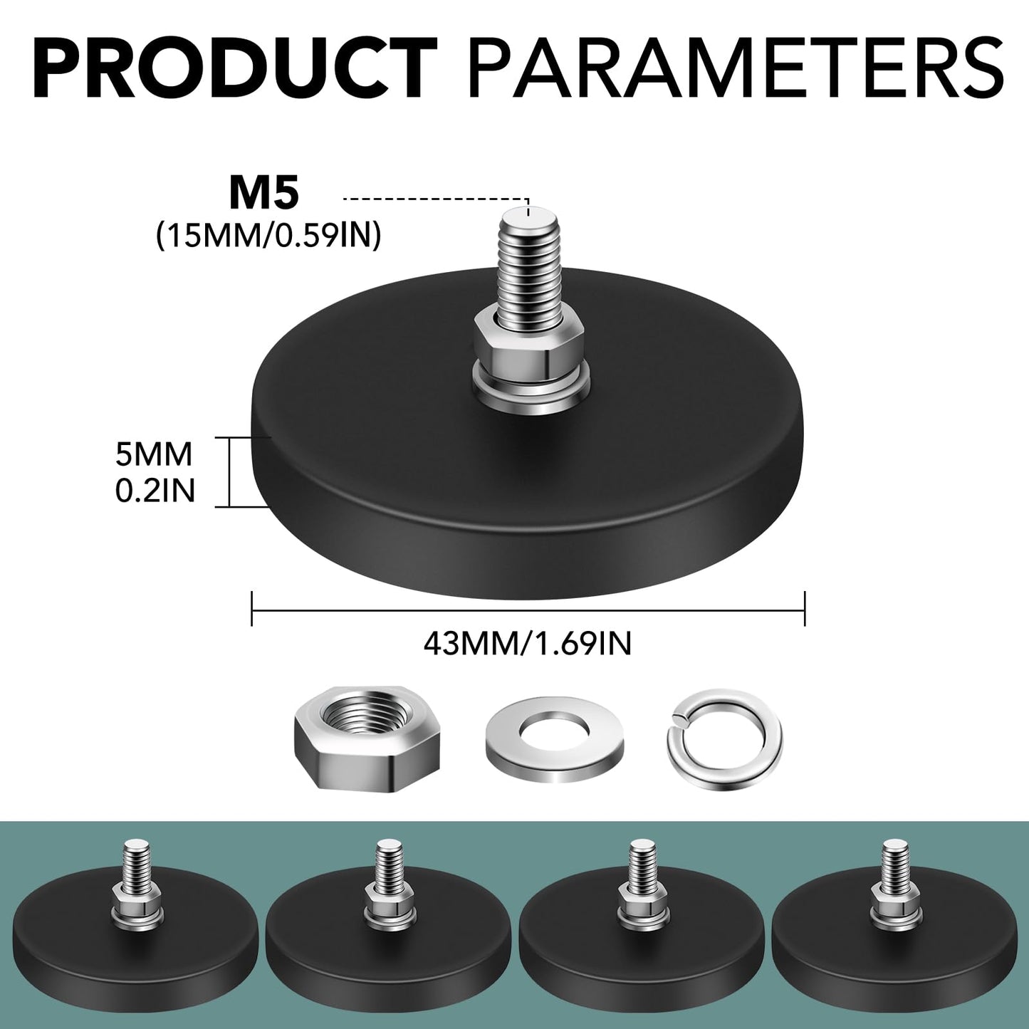 16Pack Rubber Coated Magnets, 30LBS Rubber Coated Neodymium Magnets with M5 Magnetic Assembly Base for Light Bar Mirror Camera Tool(1.69 Inch)