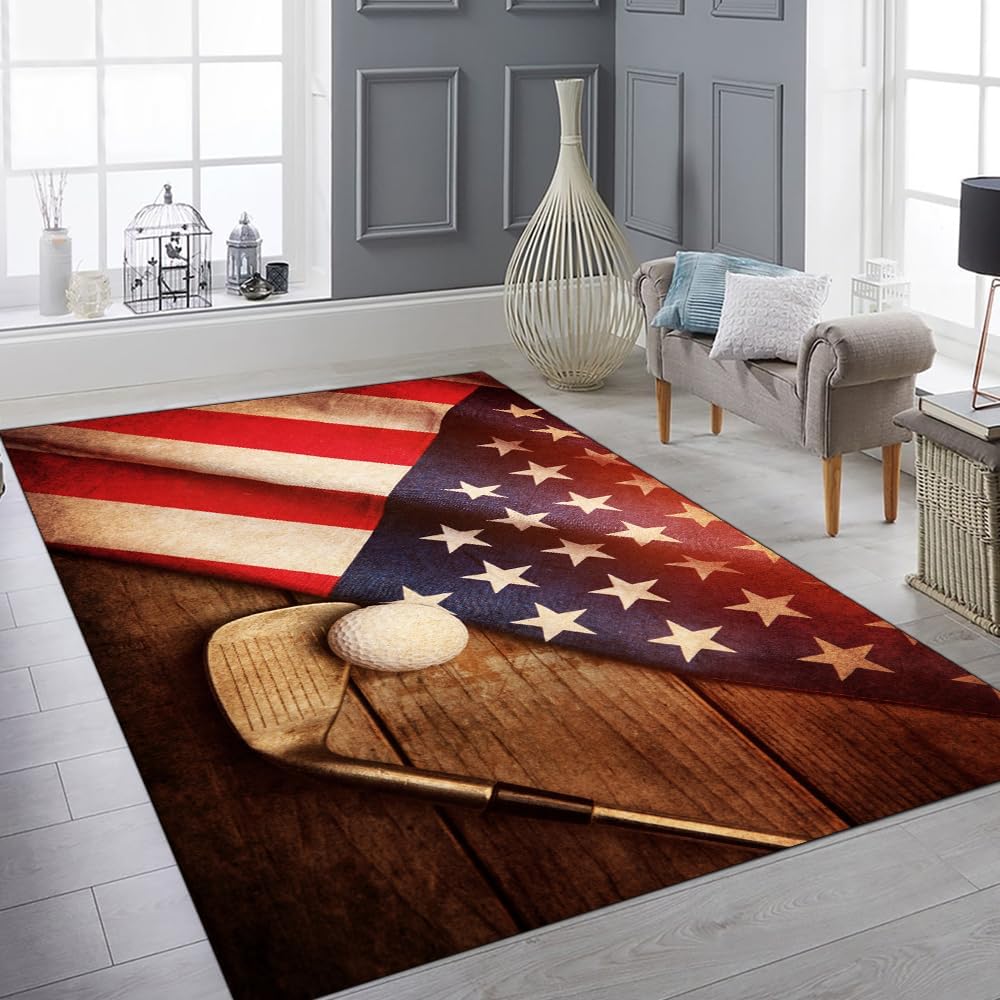 Custom Golf Area Rug, Golf Rugs for Living Room, Non Slip Area Mat Rugs for Office Living Room Indoor, Golf Carpet Floor Mat Indoor for Boys Golf Home Decor (Golf & Flag)