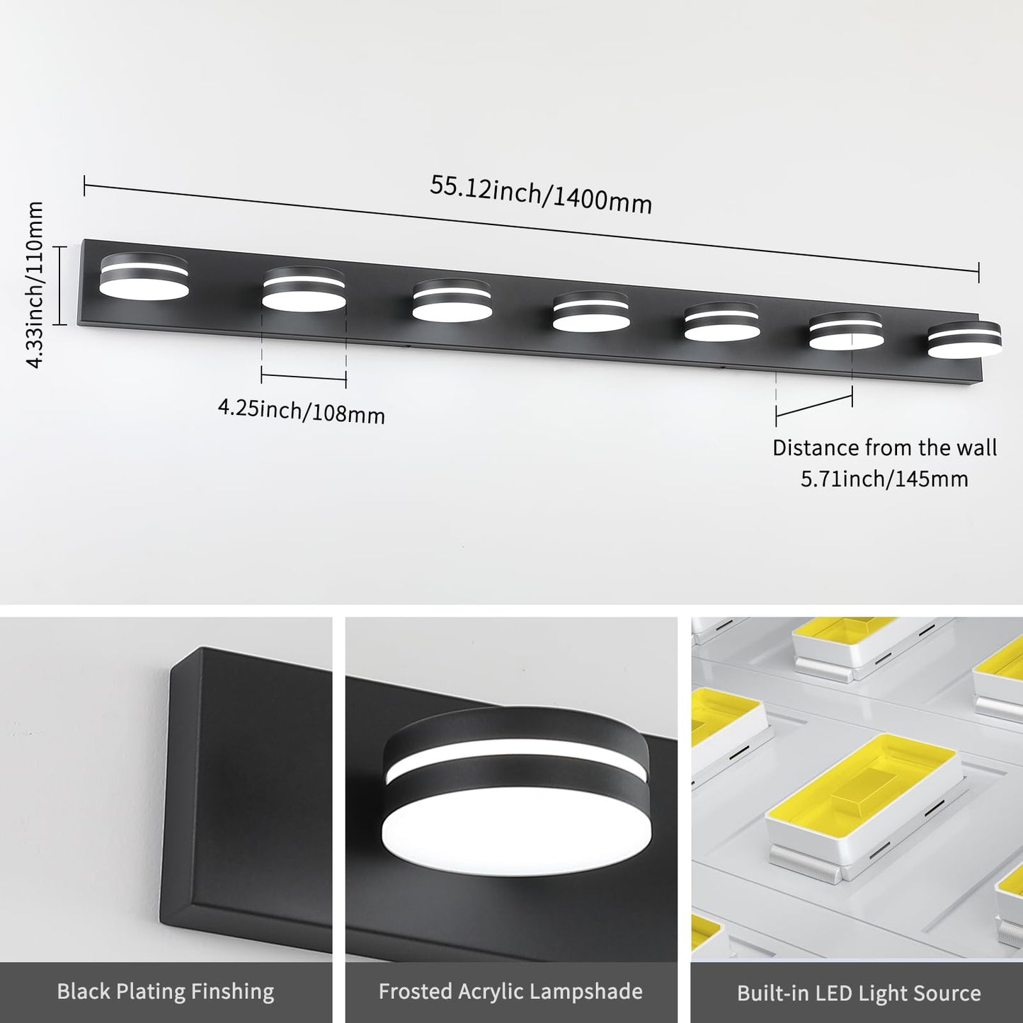 Bicrink 7-Light Bathroom Vanity Light Over Mirror  Matte Black Led Vanity Lighting Fixtures  Modern Bathroom Wall Light Fixtures With 360Rotating Lamp Head (Cool White 5500K)