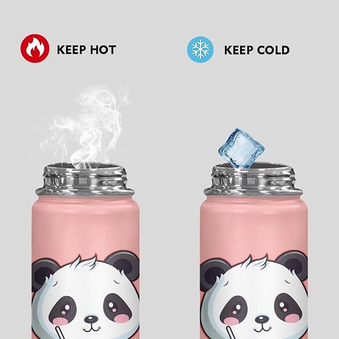 Cute Panda Insulated Water Bottles with Handle Stainless Steel Metal Water Bottle, Cold & Hot Water Bottle 20 oz, Leak Proof Travel with Milk Tea Designs Pink