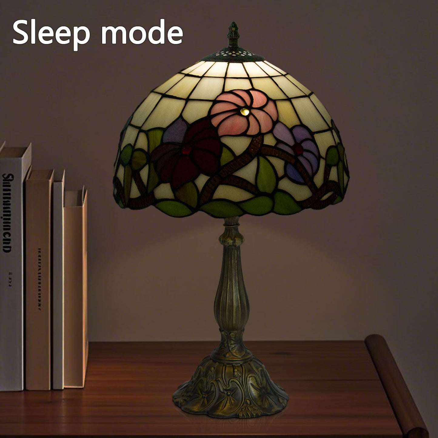Crefotu Tiffany Table Lamp, 12 Inch, Stained Glass, Remote Control, Stepless Dimmable, Three Flowers, Model CFLP-0003