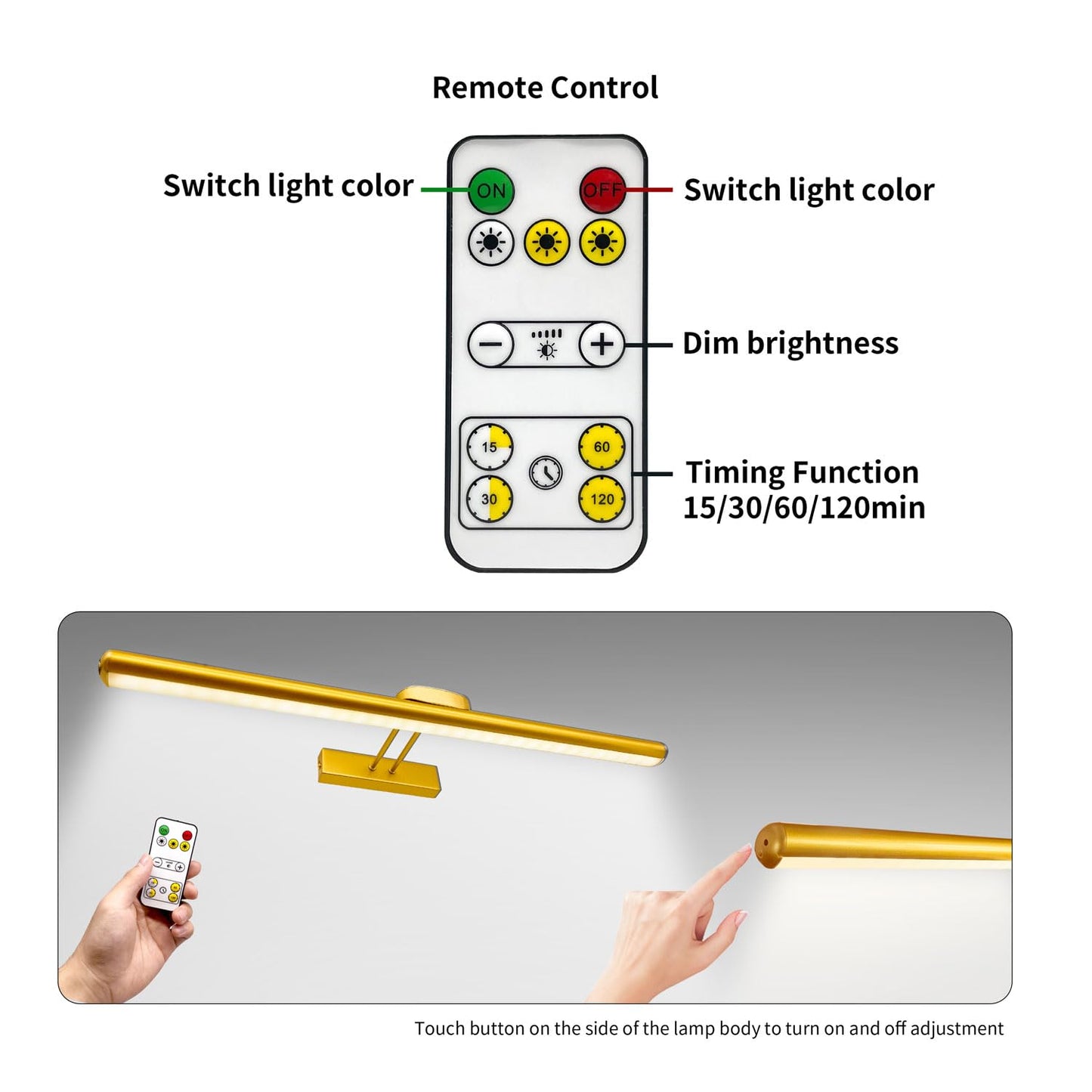 MQOUO 24.4" Wireless Picture Lights, Rechargeable Battery Art Display Light with Remote Control, Dimmable/Timer Off Dartboard Light, 3 Lighting Modes Full Metal Painting Display Lights (Black-2Pack)