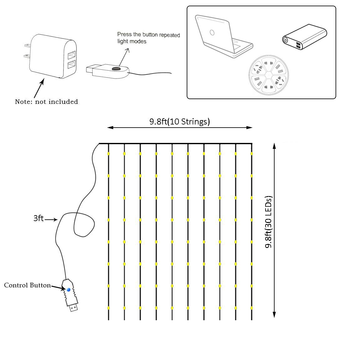 Vicila Curtain Lights 300 LED String Lights USB Powered 8 Modes Timer Remote Dimmable Copper 9.8ft x 9.8ft Warm White