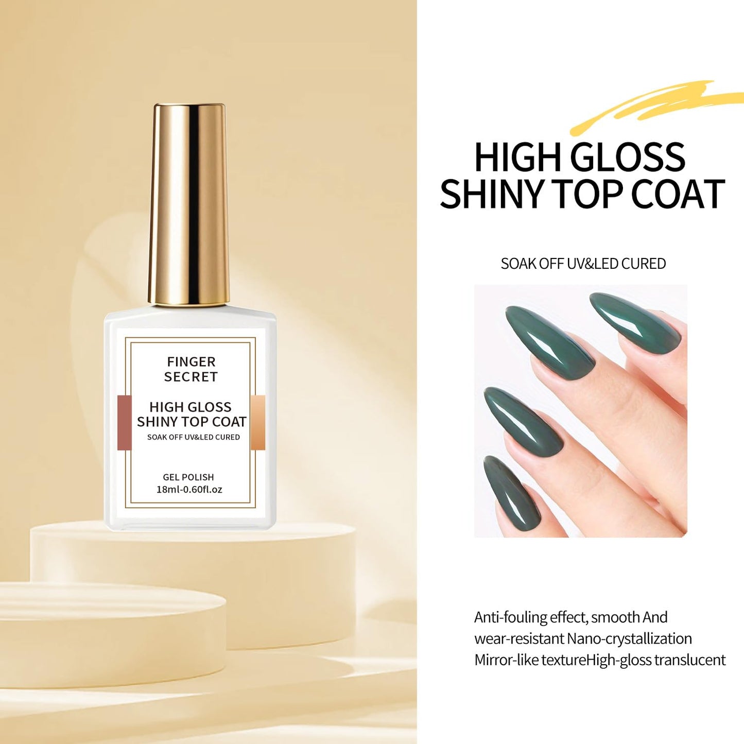 finger secret Golden Shiny High Gloss Top Coat - Crystal Sealant with Golden Luster, Clear Gel Nail Polish & Dip Powder Top Coat