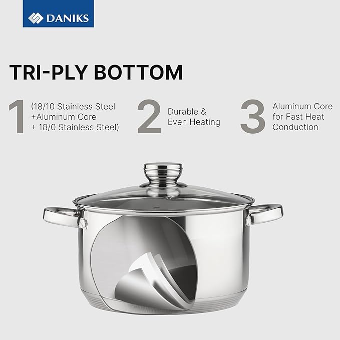 Daniks Standard 11-Piece Stainless Steel Induction Cookware Set, Saucepan, Frying Pan, Dishwasher Safe Pots, Measuring Scale, Glass Lids, For Soup, Pasta, Stew, Silver