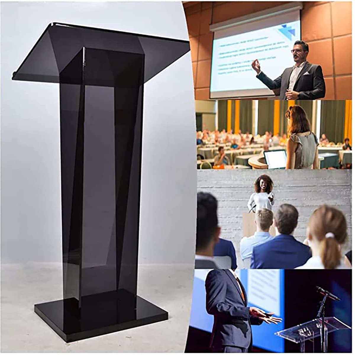 ZEELYDE Lectern Podium Stand,Media Podium Table Black Transparent Podium for, Church, Award Ceremony, Party Stage
