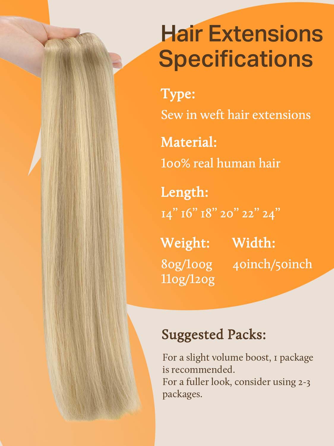 DOORES Sew In Hair Extensions Real Human Hair, Light Blonde Highlighted Golden Blonde 18 Inch 100g, Hand Made Sew In Weft Extens