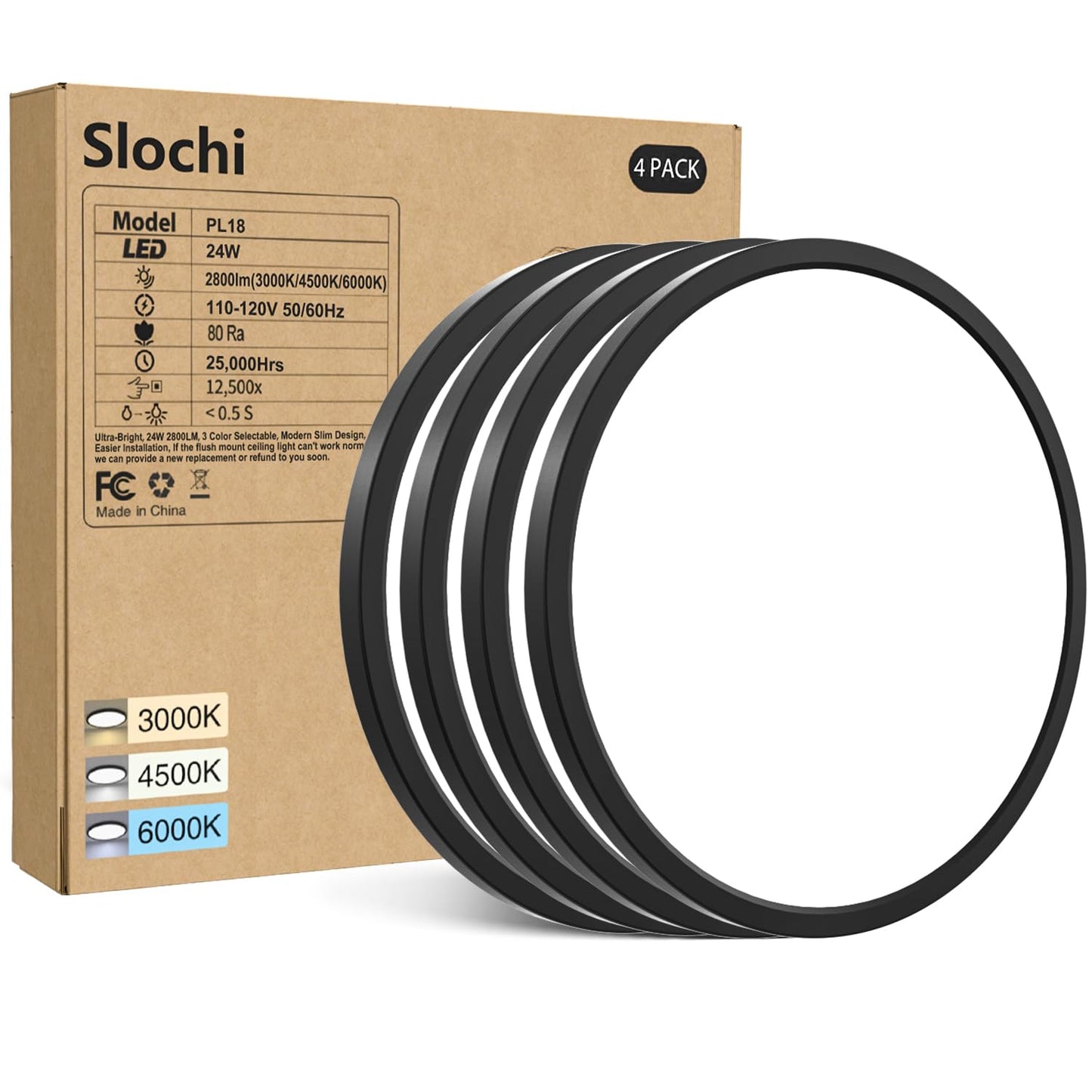 slochi 4PACK LED Ceiling Light Fixture 24W 3000K/4500K/6000K Ultra Slim Black, 9 Inch, Model CL02MA-4-BK