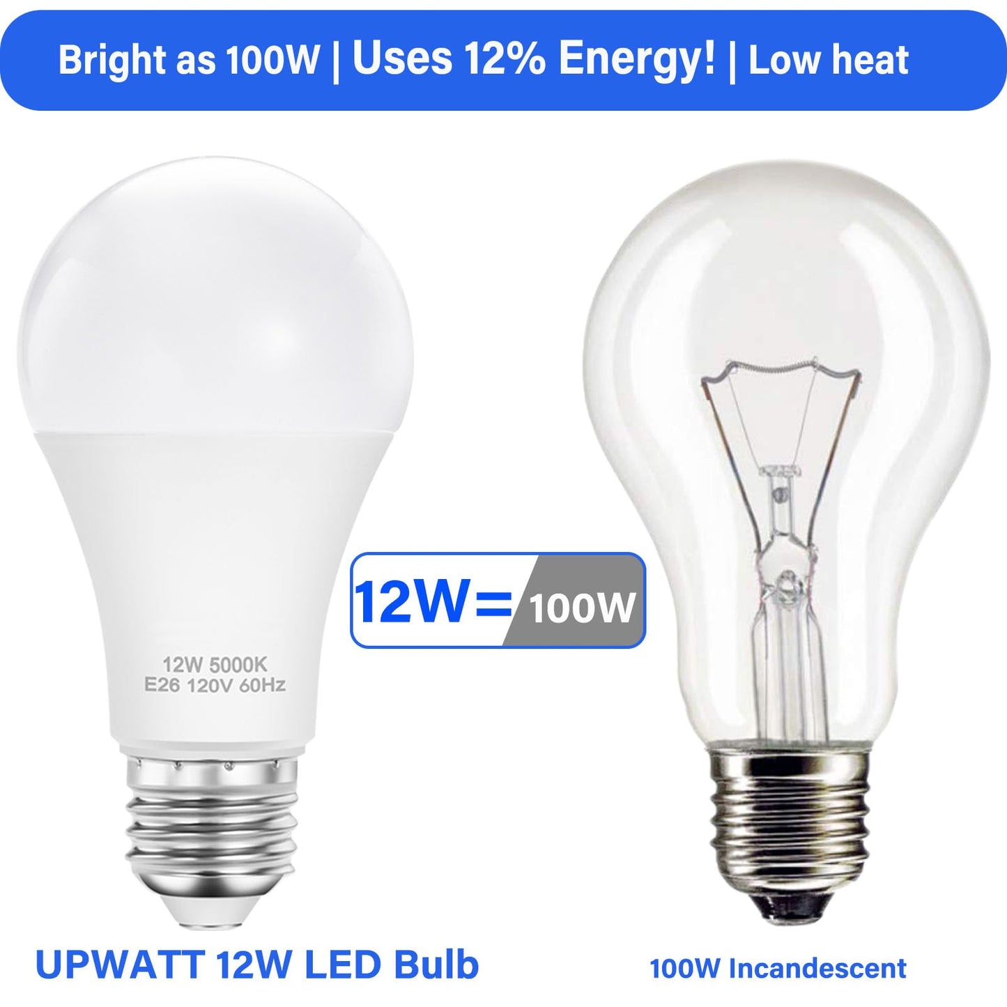 Upwatt A19 Led Bulbs  E26 Led Light Bulbs -12W (100W Equivalent)  Non-Dimmable  Daylight 5000K  Bright White For Home Lighting (Pack Of 4)