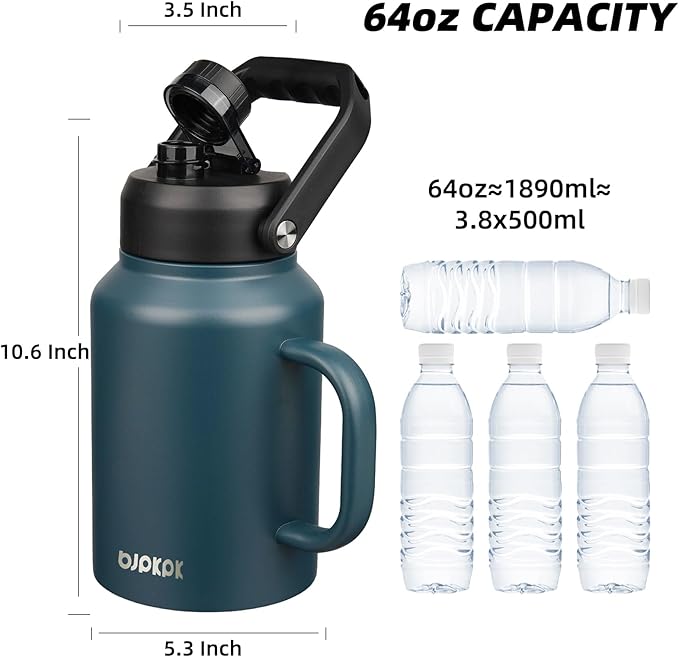 BJPKPK 64oz Insulated Water Bottle with Handle, Large Dishwasher Safe Half Gallon Water Bottle, BPA Free Water Jug, Wide Mouth Metal Flasks with Anti-slip Bottom, Keep Cold & Hot, Navy Blue
