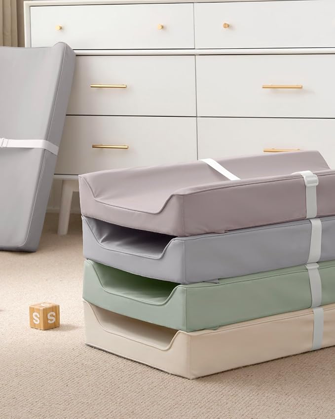 Blissful Diary Vegan Leather Baby Changing Pad with Waterproof & Wipe-Clean PU Cover, Standard Size Cozy Diaper Changing Pad for Dresser and Table, Light Gray
