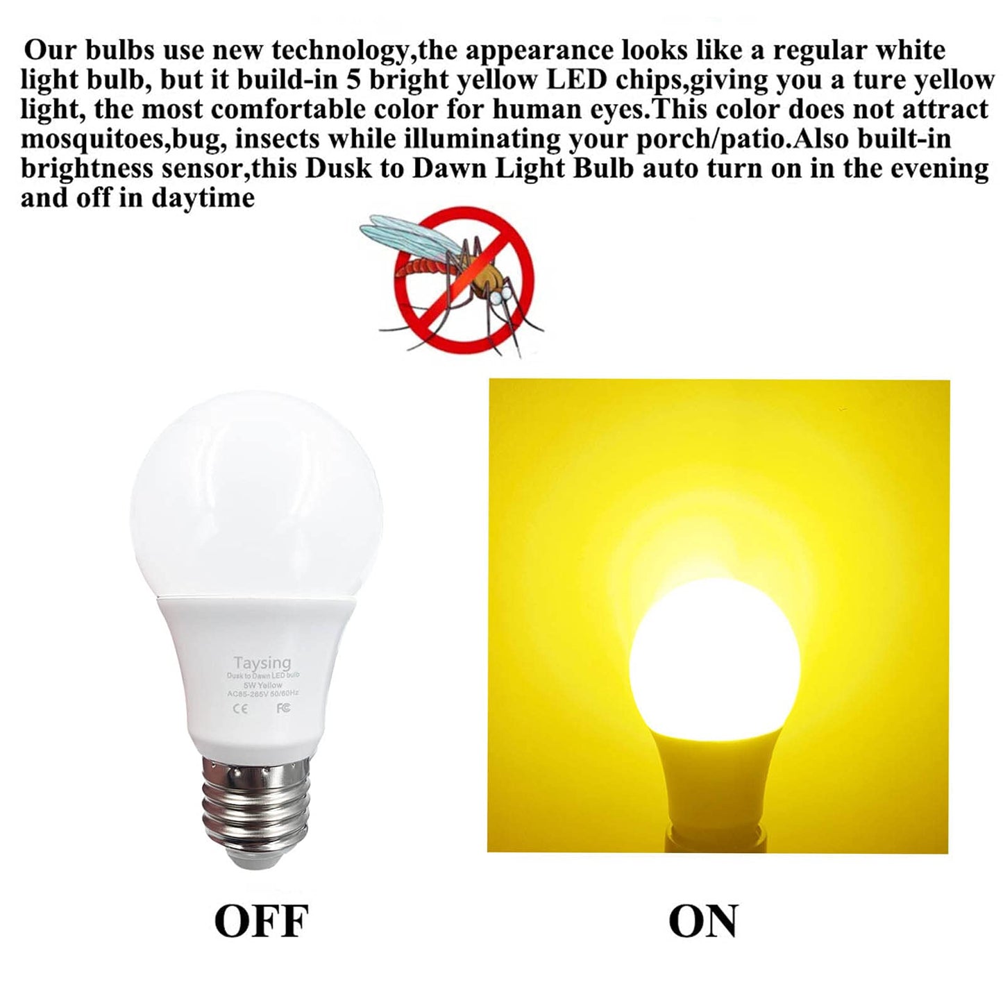 Taysing Smart LED Light Bulbs with Light Sensor, 5W, 500lm, Amber Yellow, 40W Equivalent, 2 Pack