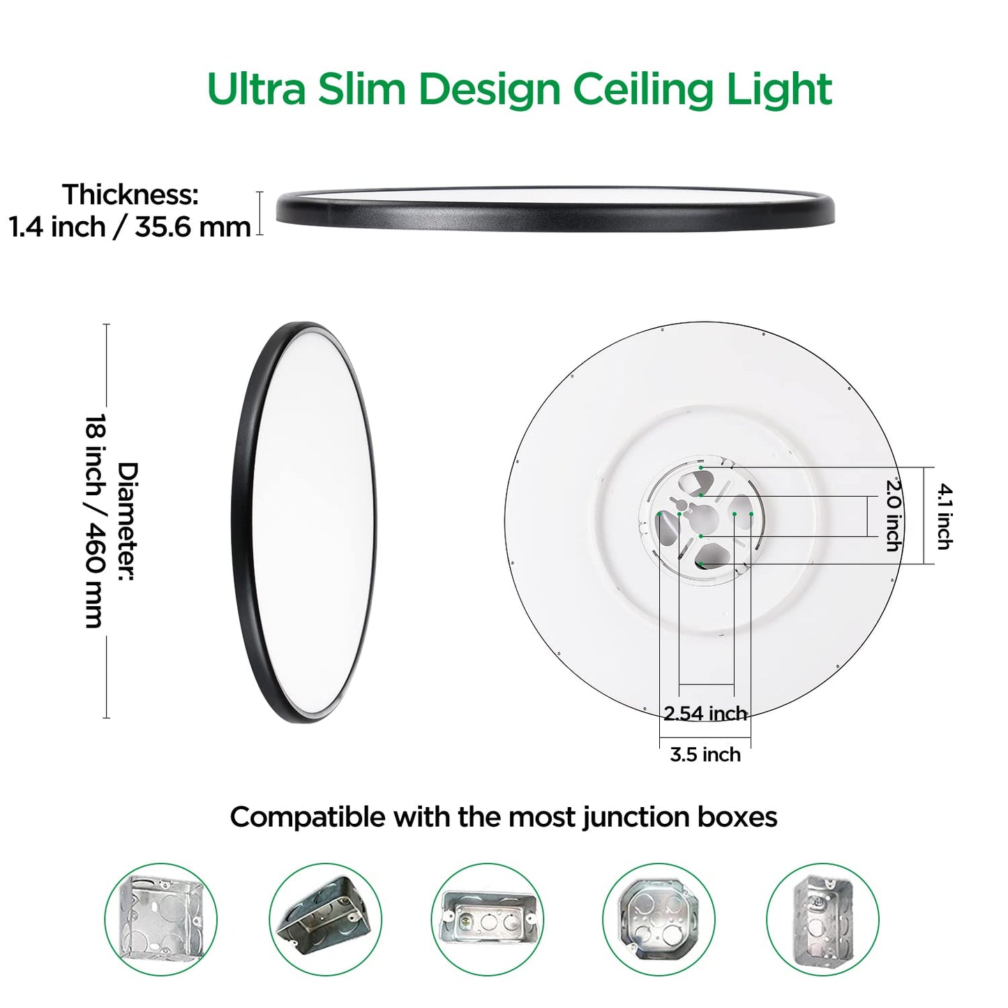 Taloya 36W Led Ceiling Light Fixture, 18.2 Inch, Dimmable, 3000K/4000K/6500K, Black, Model Alt460-36