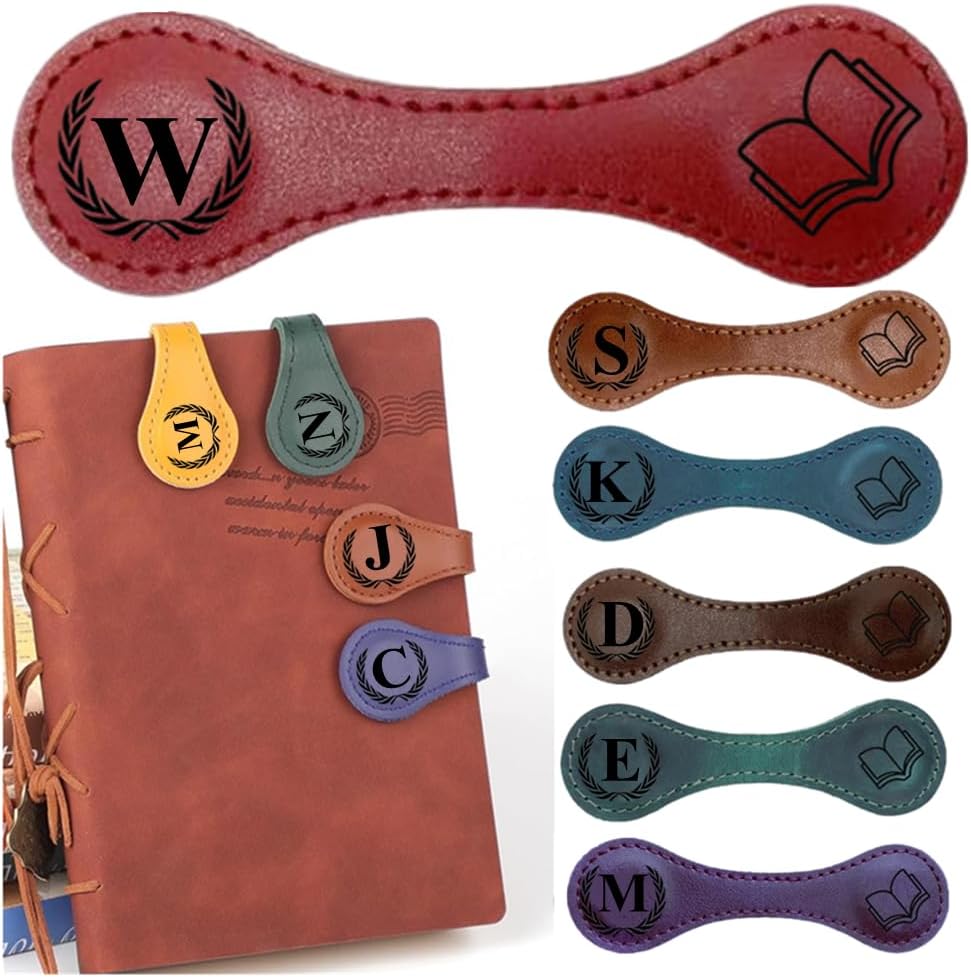 Personlized Magnetic Leather Bookmarks with Initials, Customized Book Marks Clip 26 Letters Bookmark for Reading Women, Men, Kids,Cute Book Markers Meaningful Gift for Book Lovers (Red, W)