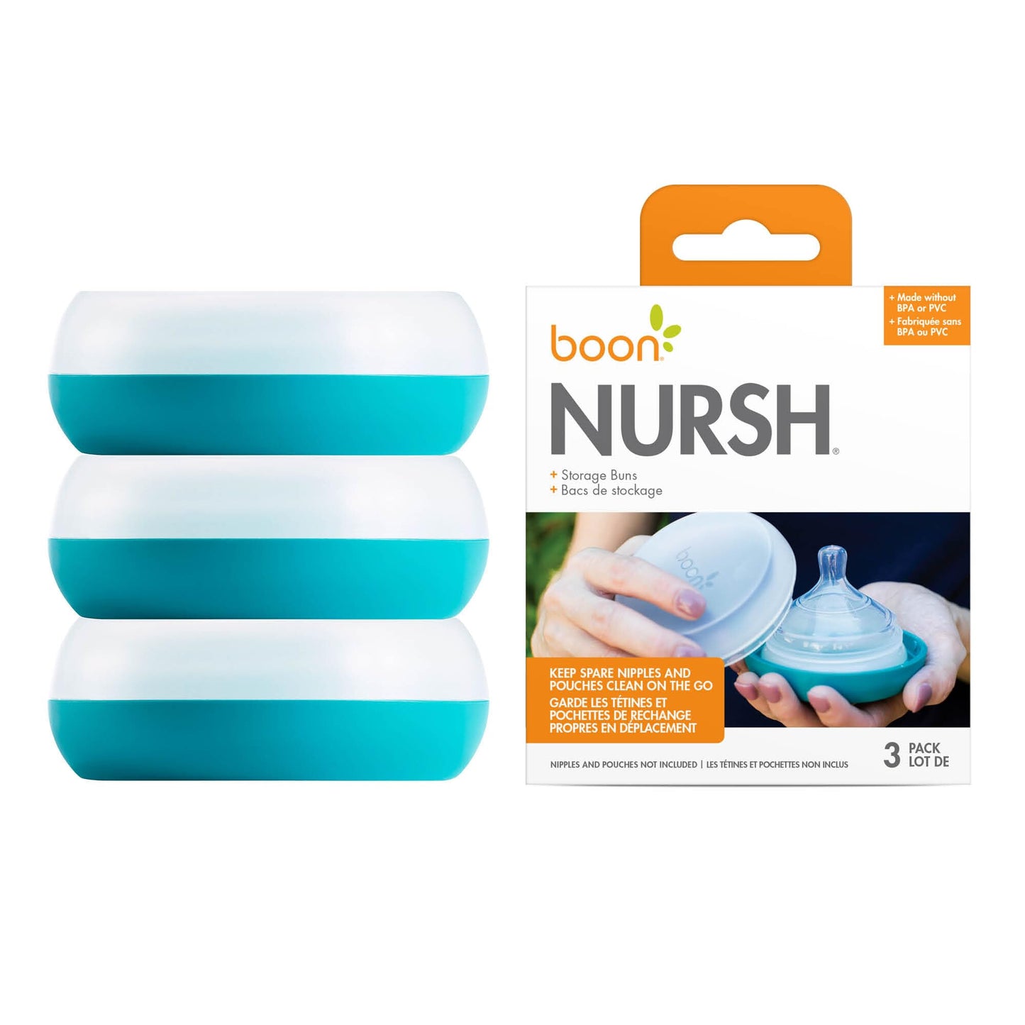 Boon Baby Bottle Storage Buns - Travel Holders for Nursh Bottles - Blue and White, 3 Count