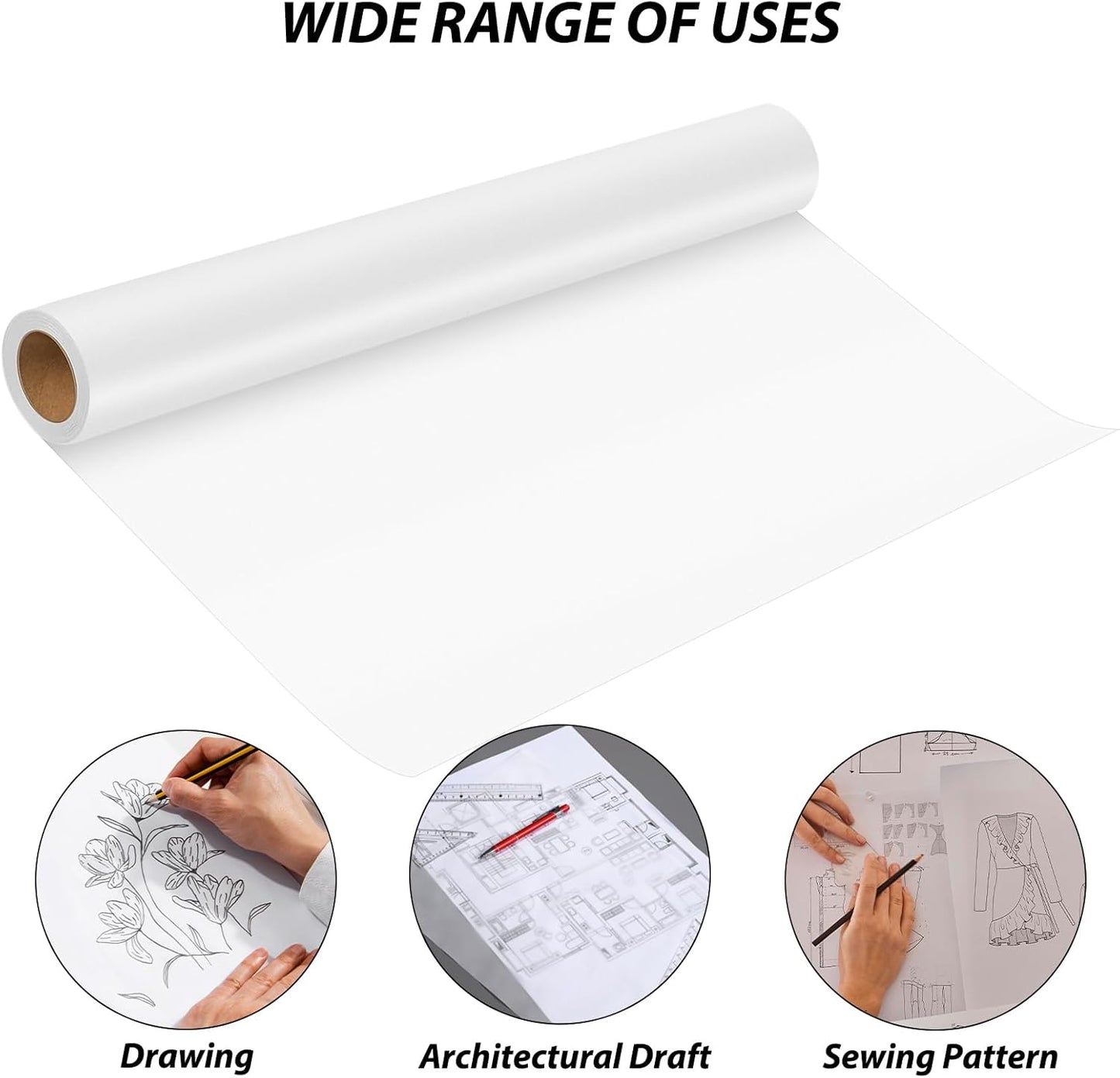 Tracing Paper Roll 24 Inches x 30 Yards, Trace Paper White ‌Translucent‌ Pattern Paper Tracing Paper for Drawing, Sewing, Sketch