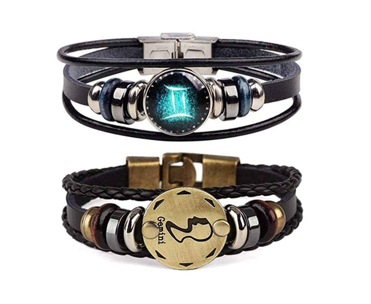 Dcfywl731 2Pcs Gemini Zodiac Bracelets for Women 12 Constellations Multilayer Leather Bracelet Handmade Woven Zodiac Sign Wrap W