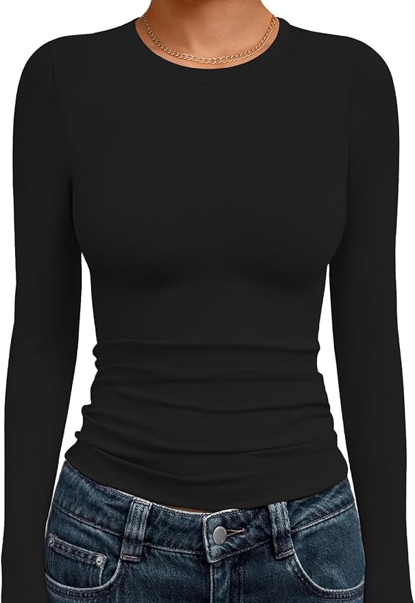 Ekouaer Women Long Sleeve Shirts Thermal Underwear Tops Round Neck Undershirts Slim Fit Basic Tees Soft Lightweight Tshirts
