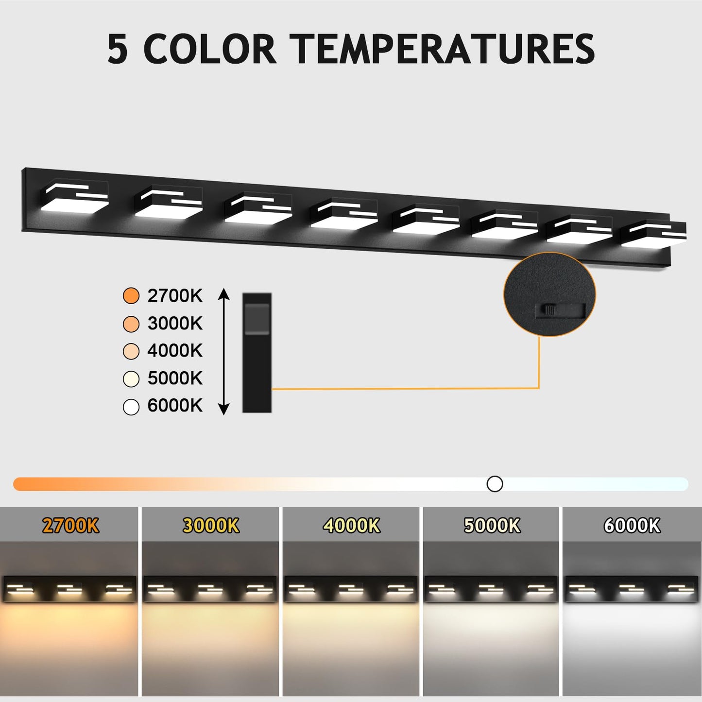 Led Modern Bathroom Vanity Light Fixtures 8-Light 5Cct Dimmable Matte Black Vanity Lights For Bathroom Lighting Fixtures Over Mirror  With 350?Rotatable Acrylic Heads  55-Inch