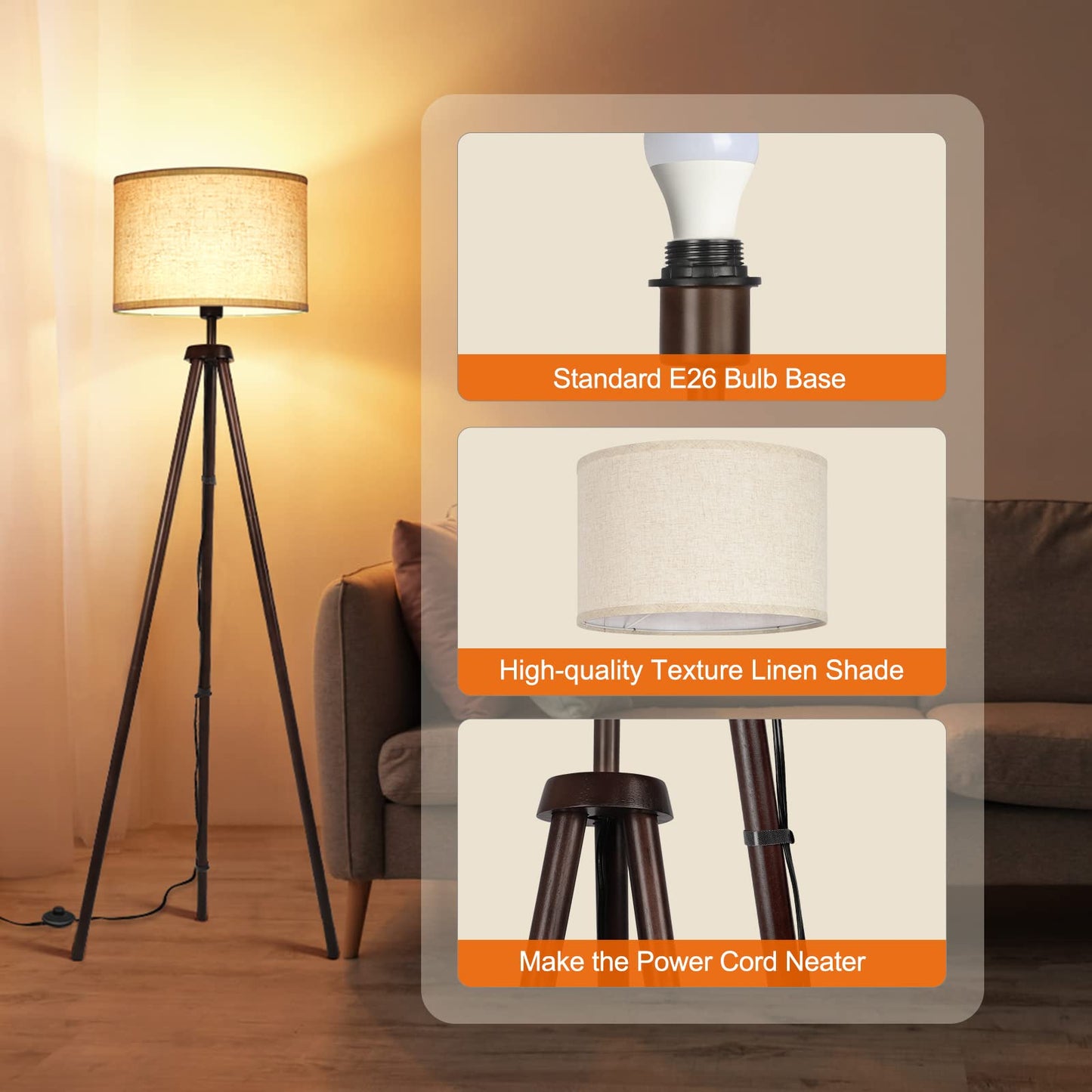 OUTON Wood Tripod Floor Lamp - Mid Century LED Dimmable with Remote, 4 Color Temperatures, Dark Walnut, Sturdy Beige Linen Shade