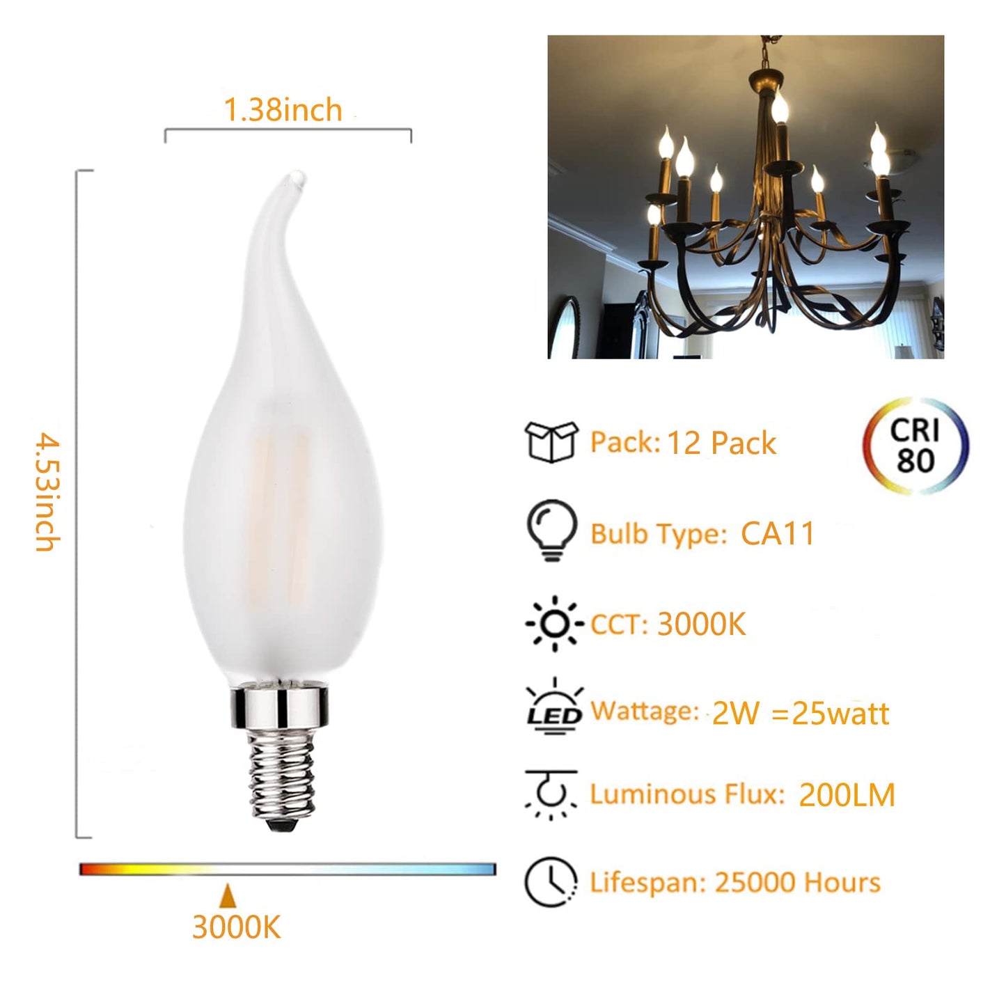 Beonllay LED Candelabra Bulb 2W Dimmable 12 Pack Soft White Frosted Glass E12 Base 3000K