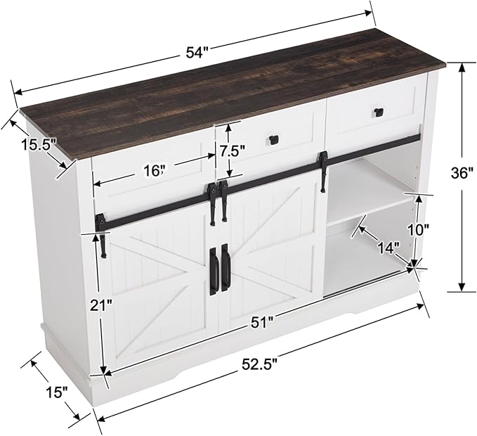 Kmax Farmhouse Wine Bar Cabinet w, 54” Buffet Cabinet with Storage, Rustic White Coffee Bar Cabinet with Sliding Barn Doors, Wine/Glass Rack & 3 Drawers for Living, Dining Room, Black Top