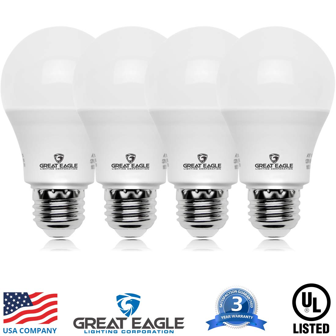Great Eagle A19 Led Bulbs 75 Watt Equivalent - UL Listed - 3000K 75 Watt Led Light Bulbs Soft White - Non Dimmable - Standard Replacement (4 Pack)